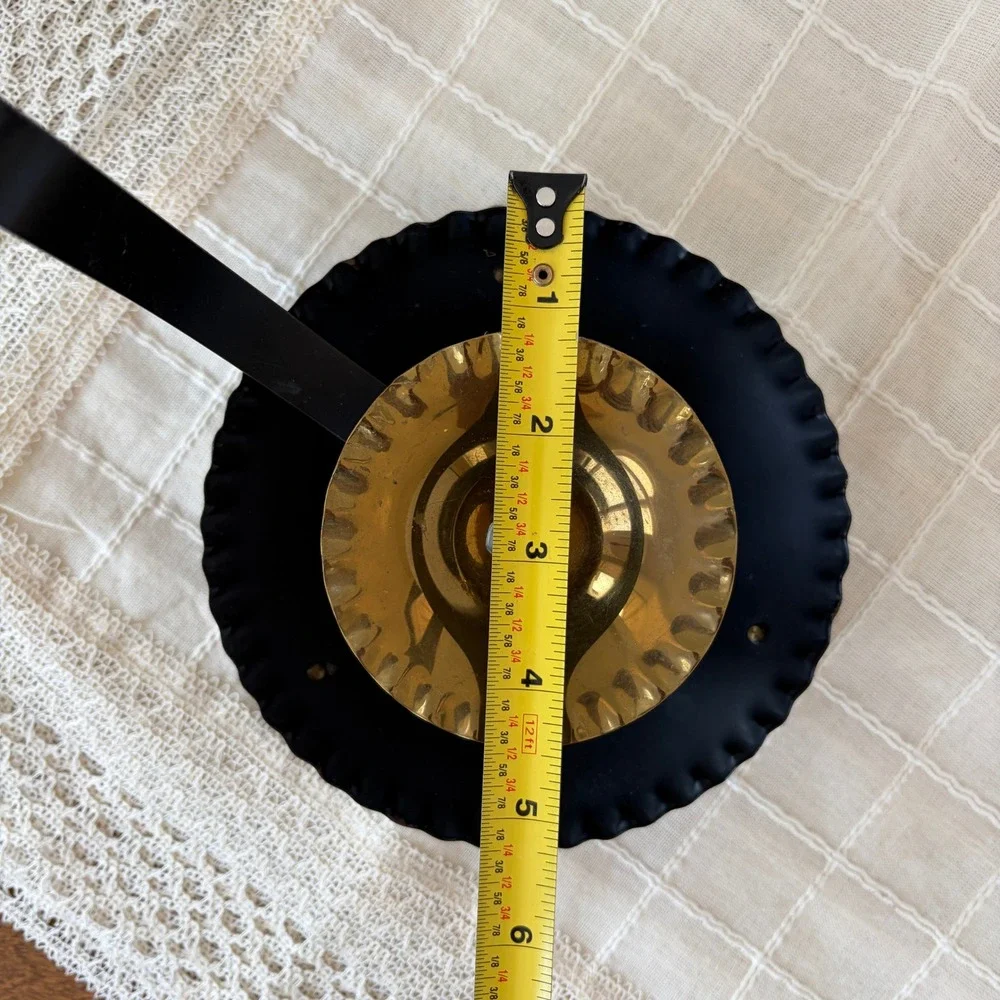 Vintage Black Metal Pillar Candle Holder Wall Sconce Brass Tripod Feet Scalloped